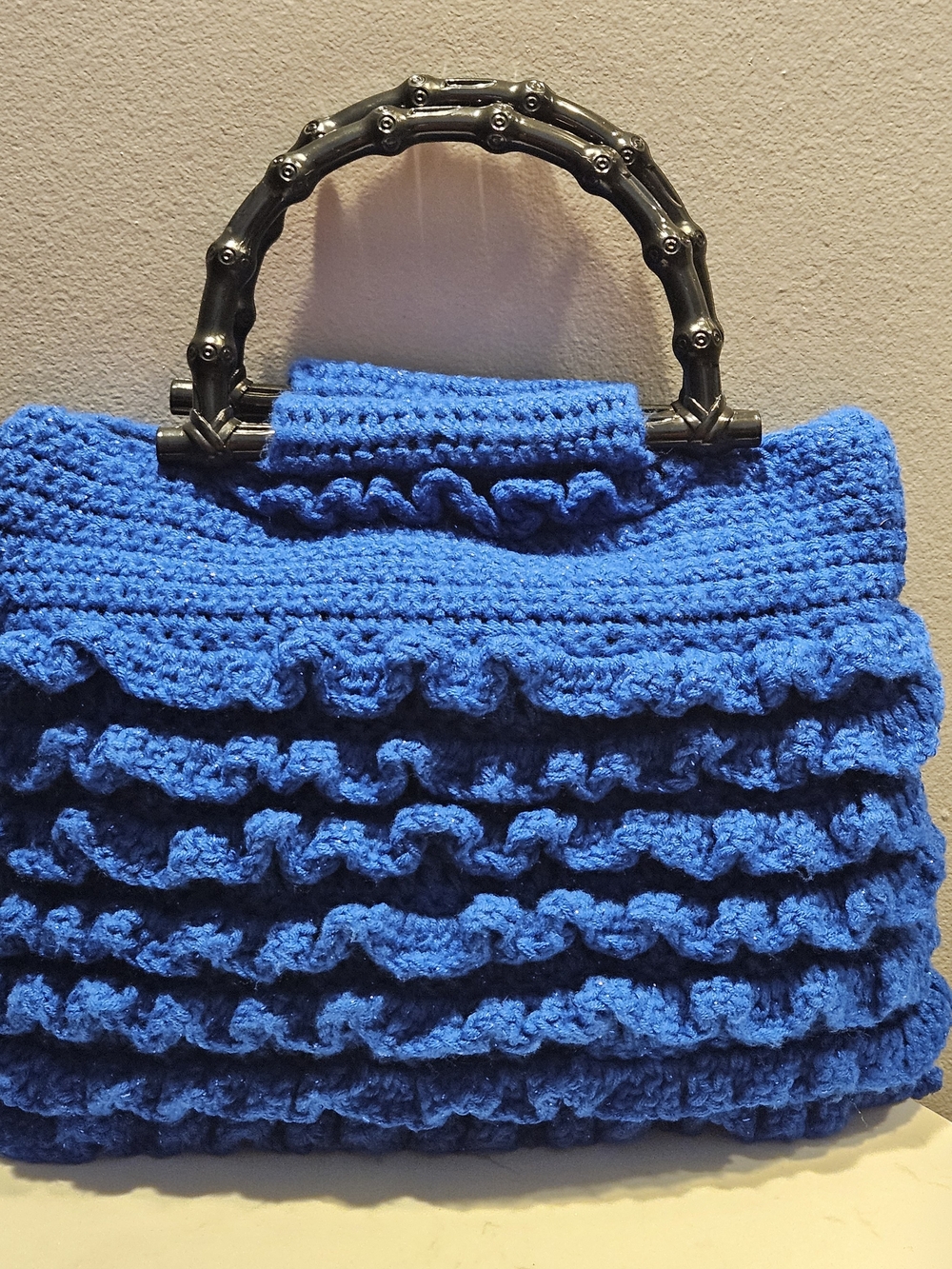 Handcrafted Royal Blue Crochet Ruffle Tote with Black Bamboo-Style Handle